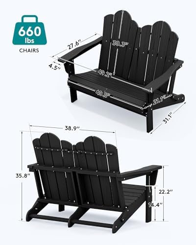 SERWALL Folding Adirondack Bench, HDPE Outdoor Bench, 660lbs Cap, Black