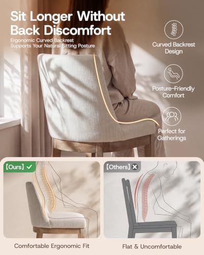 HNY Beige Linen Fabric Dining Chairs Set of 2 with Comfortable Back Support