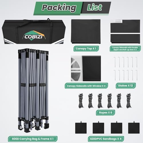 COBIZI 10x20 Pop Up Canopy Tent with 6 Removable Sidewalls, Outdoor, Black