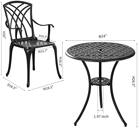 Outdoor 3 Piece Bistro Set Cast Aluminum Bistro Table and Chairs Set of 2, All Weather Bistro Patio Set, Patio Furniture for Garden Black