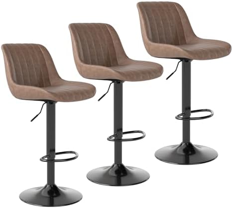 Youhauchair Adjustable Faux Leather Bar Stools Set of 3, Light Brown