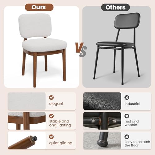 Wooden Dining Chairs Set of 6, Boucle Upholstered Kitchen Chairs with Solid Wood Legs, Mid Century Modern Dining Chairs, Farmhouse Side Chair with Hardwood Frame for Dining Room, White