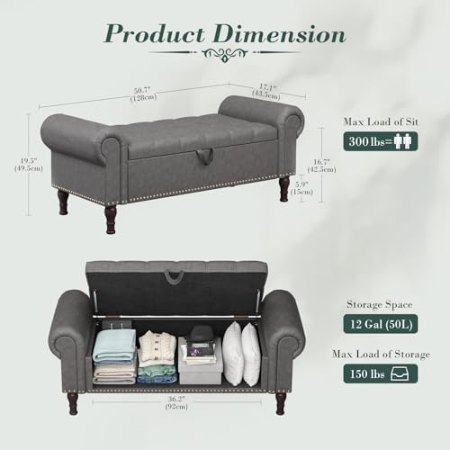 Apicizon Storage Bench for Bedroom, Upholstered End of Bed Bench, 51" Gray