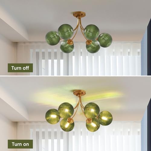 mid century 6-light gold chandelier green flush mount showing dimensions