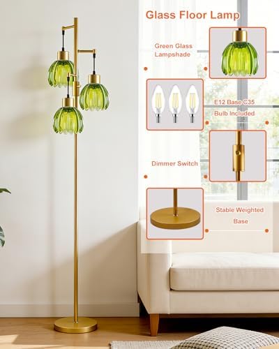 Lightdot Glass Floor Lamp Green Lotus Flower Shade Dimmable Gold Floor Lamp