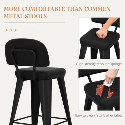 Yongchuang 24" Bar Stools Set of 4, Black Faux Leather Barstools with Back