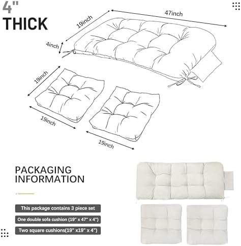 Yddsky 3Pcs Wicker Chair Cushion Sets for Patio Furniture,White,47*19*4''
