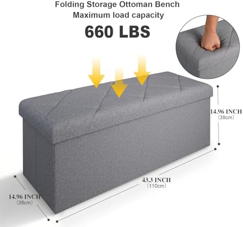 43 Inches Folding Storage Ottoman Bench for Bedroom,660 lb Ottoman with Storage End of Bed Storage Bench,for Bedroom,Living Room,Entryway,Dark Gray（43Wx15Dx15H