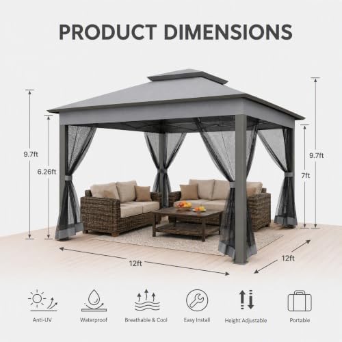 COBIZI 12x12 Pop Up Gazebos On Clearance - Portable Gazebo with Mosquito Nettings- Upgrade Easy Up Outdoor Canopy Waterproof, 4 Ropes 8 Stakes and Carry Bag for Patio Garden(Dark Gray)