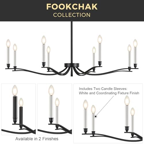 Black Chandelier, Modern Dining Room Light Fixture 8 Light Candle Chandelier Over Table 44in Metal Chandeliers Lighting for Living Room Entry Master Bedroom Bathtub Kitchen