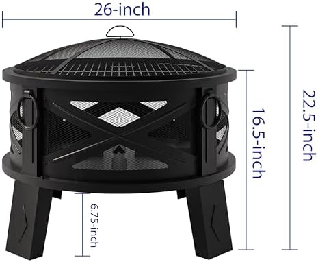 Fire Beauty 26" 2-in-1 Fire Pit with BBQ Grill, Spark Screen & Poker, Black