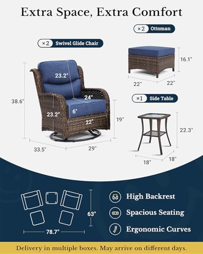 HILLGA 5-Piece Luxury Patio Furniture Set with 6" Thick Cushions, Weather-Resistant Wicker High Back Swivel Rocker Chairs, Senior-Friendly Conversation Set for Small Porch, Deck and Sunroom, Blue(V2)
