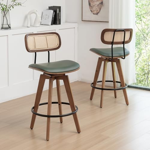 26" Rattan Bar Stools Set of 2,Faux Leather Counter Height Swivel Barstools with Rattan Backrest/Wooden Legs,Armless Mid Century Modern Bar Chairs for Kitchen/Dining Room/Bar Chairs,Green PU