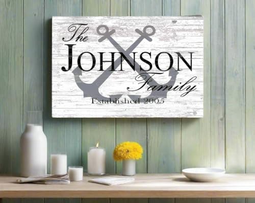 Custom Beach House Sign or Lake Home Sign - Name and Established Date - Solid Wood - 16.5in x 10.5in (Anchor Classic Gray)