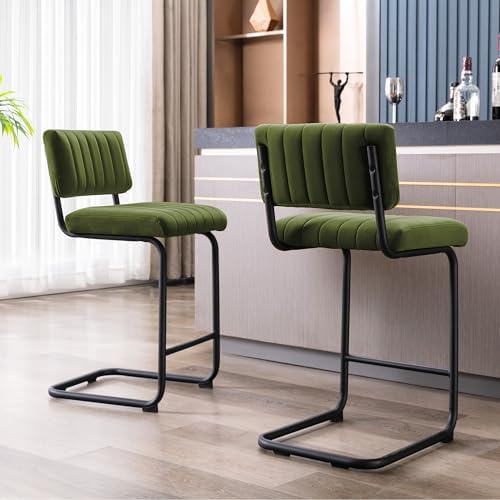 ONEVOG 24.6'' Counter Height Bar Stools Set of 2, Mid-Century Modern Counter Height Cantilever Chairs for Kitchen Island, Upholstered Velvet Fabric Barstools with Back and Metal Leg, Olive Green