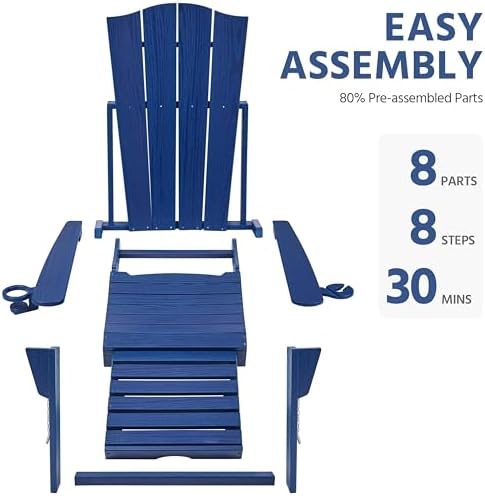Yaheetech Adirondack Chairs 1pcs Outdoor Folding Set with Ottoman,Navy Blue