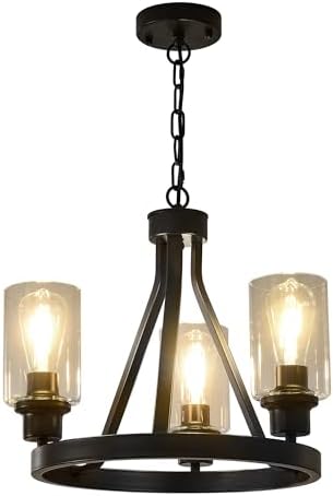 Bronze Chandelier,Farmhouse Chandelier Lighting Round 3 Lights with Glass Shade Ceiling Hanging Vintage Rustic Light Fixture for Dining Room Living Room Foyer Porch Kitchen Island