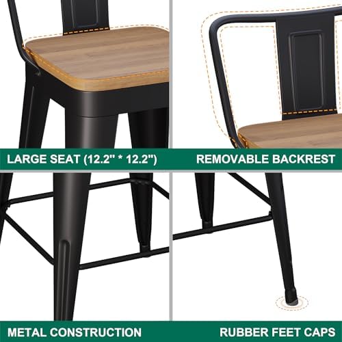 WENTMENT Metal Bar Stools Set of 4 Counter Height Barstools with Removable Back 24" Kitchen Bar Stools with Wooden Seat, Black