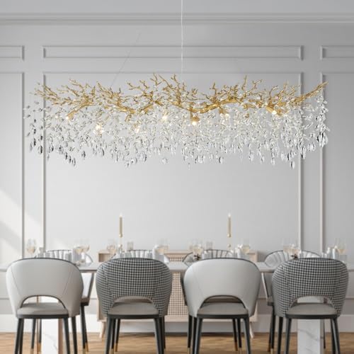Modern Gold Crystal Chandeliers Chandeliers - L63 inch Rectangular Golden Tree Branches Ceiling Pendant Light Fixtures, Luxury K9 Raindrop for Dining Room