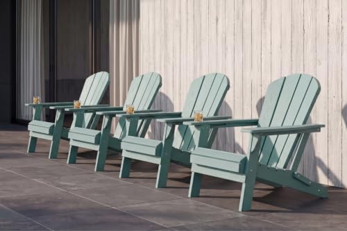 Folding Adirondack Chairs Set of 4 with Cup Holders, Heavy-Duty HDPE Plastic Outdoor Chairs, All-Weather Resistant Patio Conversation Set for Backyard, Deck, Fire Pit, Aruba Blue