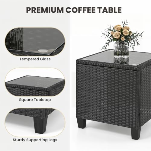 ORALNER 3 Pieces Patio Rocking Chair, Black Wicker Bistro Set (Black)