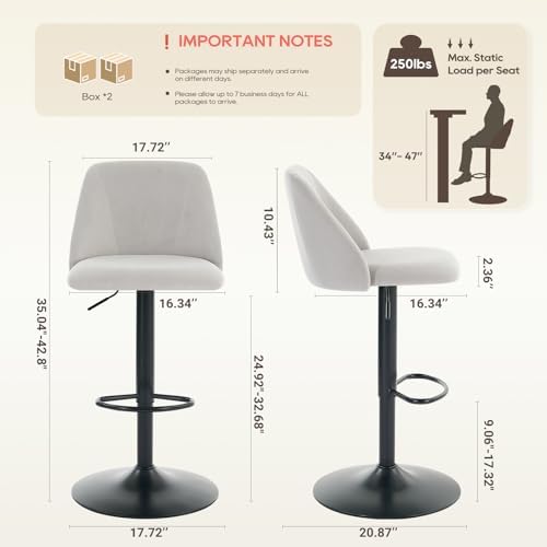 COLAMY Bar Stools Set of 4, Modern Swivel Bar Chairs, Adjustable Upholstered Barstools Counter Height with Full Backrest for Bar, Dining Room, Kitchen Island, Grey