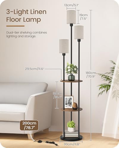 70.9" Floor Lamp with Shelves, Modern Floor Lamp with 3 Linen Shades and Foot Switch, 3-Light Standing Lamp, for Living Room, Bedroom, Study, Office, Rustic Brown and Beige EF53LD05