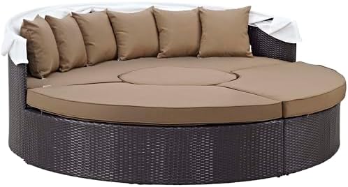 Modway Convene Wicker Rattan Outdoor Patio Retractable Canopy Round Poolside Sectional Sofa Daybed with Cushions in Espresso Mocha