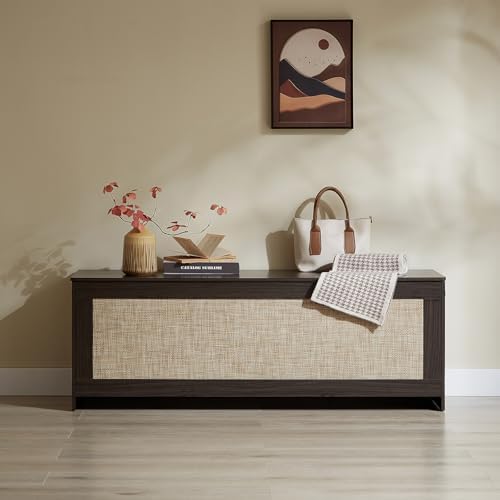 51.2"Storage Chest large,wooden rattan storage bench,Obsidian Black