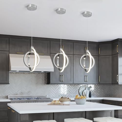 Modern LED Chandelier Chrome Ring Pendant Light Fixtures 4000K Dimmable Height Adjustable Pendant Lighting for Dining Room Kitchen Island Bedroom Living Room Foyer（Chrome Round 3-Pack）