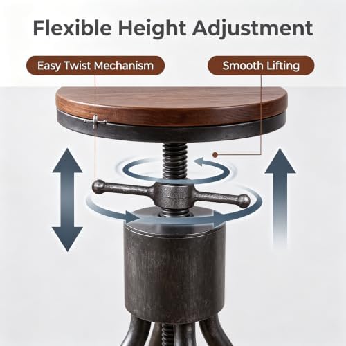 LOKKHAN Set of 2 Rustic Industrial Bar Stool-24-30 Adjustable Metal Swivel Wooden Top Barstools-Counter Height Extra Tall Bar Height-Vintage Farmhouse Kitchen Breakfast Cafe Stool-with Backrest