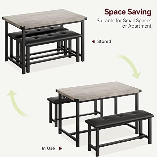 IDEALHOUSE Dining Table Set for 4, Kitchen Table with Upholstered Bench, 3 Piece Rectangular Dining Room Table Set with 2 Benches, for Small Space, Apartment, Studio, Home, Retro Gray