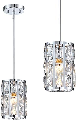 MEXO Modern Crystal Pendant Light Fixture 2-Pack Chrome Finish Hanging Lighting Crystal Chandelier for Kitchen Island