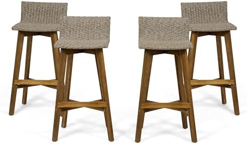 Christopher Knight Home La Brea Outdoor Acacia Wood and Wicker Barstools (Set of 4), Light Brown and Teak