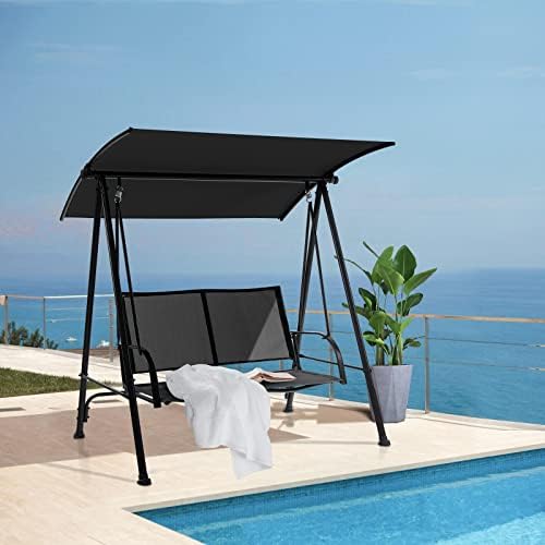 Tangkula 2 Person Porch Swing with Adjustable Canopy, Black