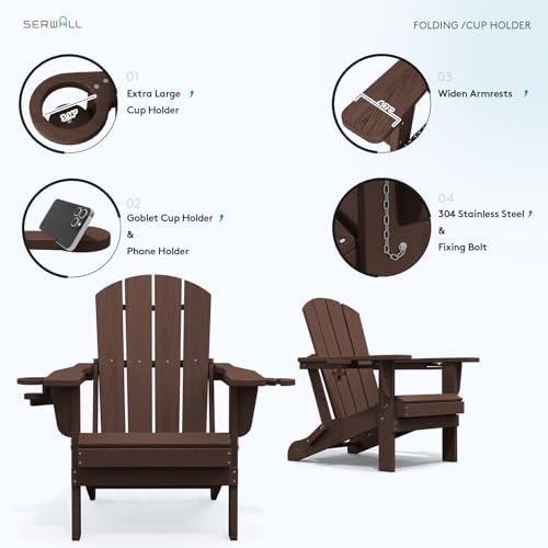 SERWALL Outdoor Adirondack Chair Set of 4 with Cup Holders,Foldable,Coffee