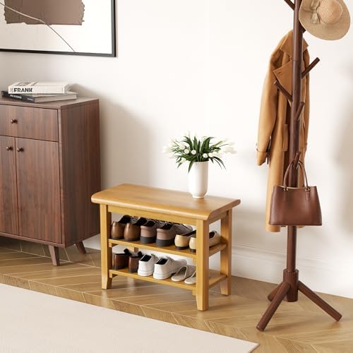 Shoe Rack Bench Mid Century Modern 2-Tier Shoe Rack Organizer for Entryway Hallway or Living Room Farmhouse Rustic Wooden Seat Bench Natural 11.8" Dx31.5 Wx16.5 H