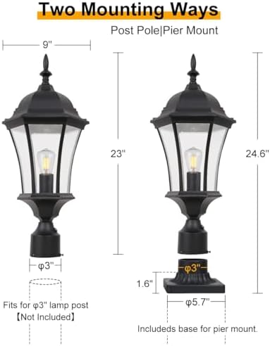 24 Inch Large Dusk to Dawn Outdoor Post Lights Aluminum Black Exterior Post Pole Lamps Outside Pathway Column Lights, Outdoor Pier Mount Light with Seeded Glass, LMMS4610-M-BK-2P