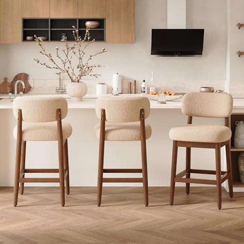 Solid Wood Counter Height Bar Stools Set of 2, Fluffy Boucle Bar Chairs with Frame, Mid-Century Modern Upholstered Stools with Backrest for Kitchen Island, Home Bar, Oatmeal