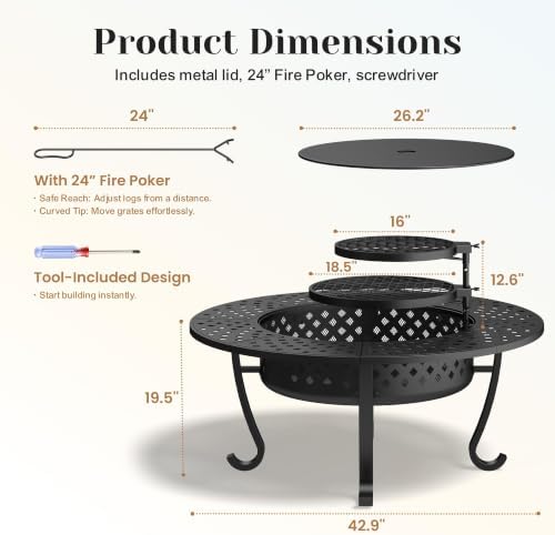 43" Fire Pit, 3 in 1 Firepit with Adjustable 2 Grills for Patio, Party
