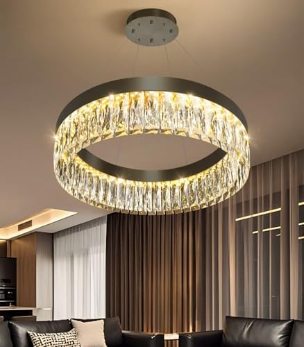 23.6" 1 Ring Modern LED Dimmable Ring Chandelier Adjustable Round Crystal Chandelier for Dining Room Living Room Black