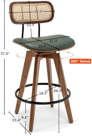 26" Rattan Bar Stools Set of 2,Faux Leather Counter Height Swivel Barstools with Rattan Backrest/Wooden Legs,Armless Mid Century Modern Bar Chairs for Kitchen/Dining Room/Bar Chairs,Green PU
