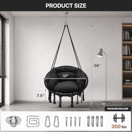 Athena Collection Hammock Chair with Hardware Kit & Cozy Cushion, Black