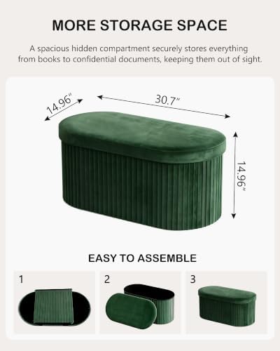GLAXYFUR Folding Ottoman with Storage, Oval Velvet Storage Bench, Green