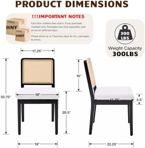 HNY Modern Farmhouse Rattan Dining Chairs Set of 6, Beige Linen Upholstered Dining Room Chair with Cane Back Mid Century Black Wooden Kitchen Chairs, Boho Accent Wicker Woven Chairs for Living Room