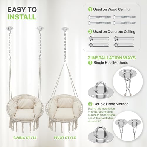 Magshion Macrame Hanging Hammock Chair with Cozy Full Cushion, Beige