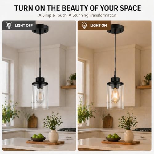 Black Farmhouse Clear Glass Cylinder Pendant Light, Modern Hanging Fixture (3 Pack)