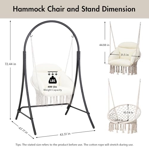 ANOW Outdoor Hanging Hammock Chair with Stand, Natural Macrame Swing Chair