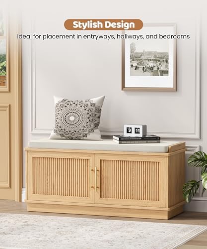 Akxomel 39.4" Fluted Shoe Storage Bench 2 Doors Wooden Entryway Bench Oak