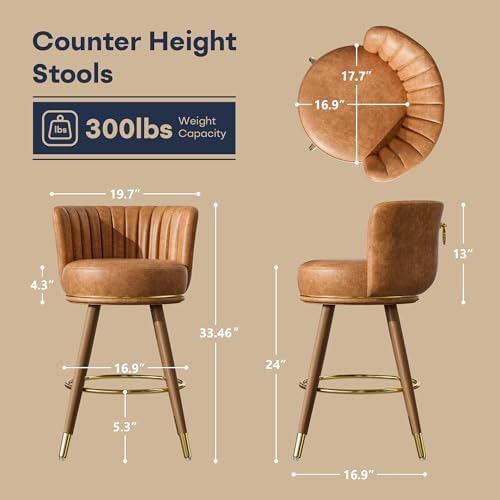 SeekFancy 24 Inch Brown Leather Swivel Counter Bar Stools Set of 2